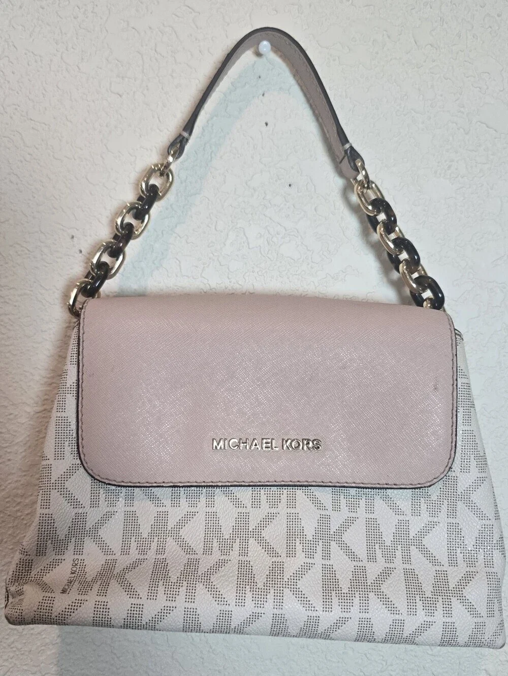 Michael Kors Pale Pink Logo-Print Shoulder Bag with Gold Accents
